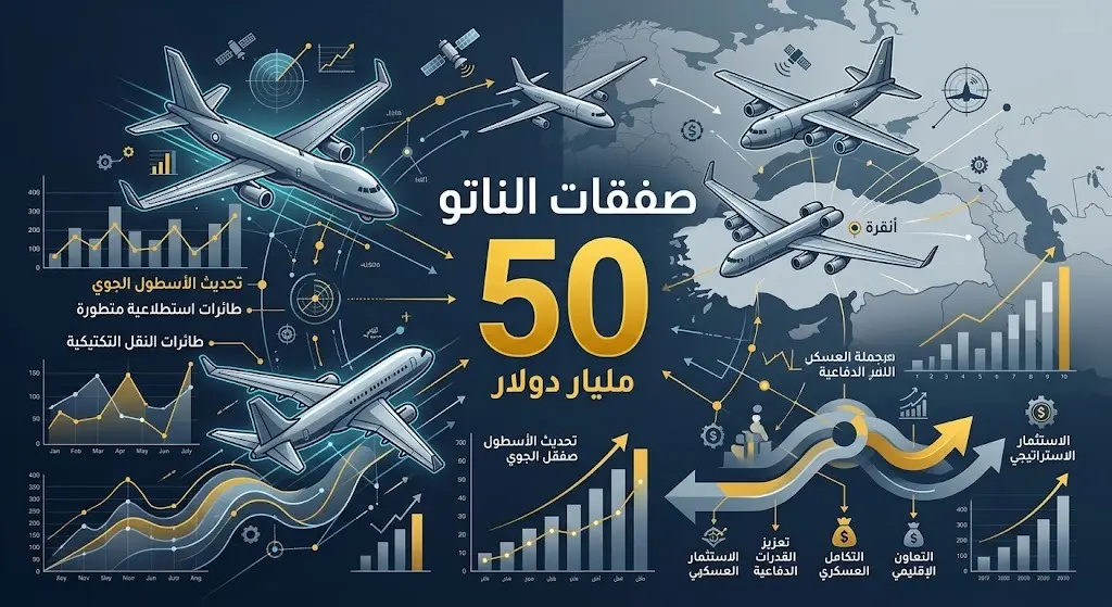 إنفوجرافيك يوضح تفاصيل صفقات حلف الناتو الدفاعية بقيمة 50 مليار دولار لتحديث الأسطول الجوي في قمة أنقرة.