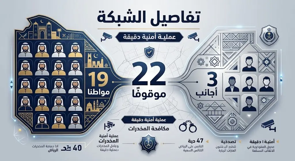 إنفوجرافيك يوضح تفاصيل وجنسيات أفراد الشبكة الإجرامية المضبوطة في الرياض والبالغ عددهم 22 شخصاً.