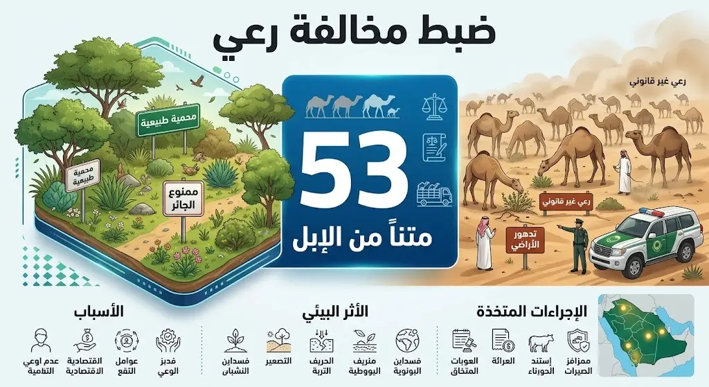 صورة تعبيرية توضح تفاصيل ضبط 53 متناً من الإبل المخالفة للرعي داخل محمية الملك عبدالعزيز الملكية.