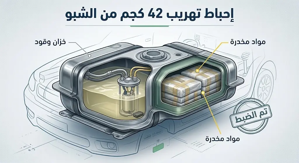 إنفوجرافيك يوضح آلية ضبط 42 كيلوجراماً من مادة الشبو داخل خزان وقود سيارة عبر منفذ جديدة عرعر.