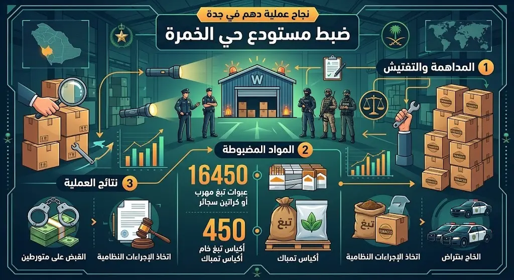 تفاصيل ضبط المستودع المخالف بحي الخمرة
