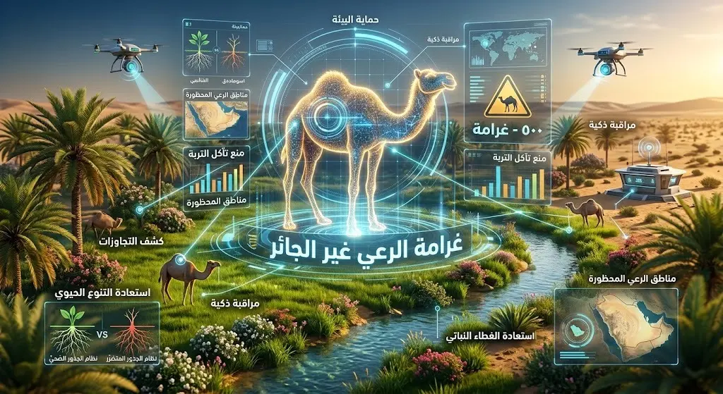 تصميم يوضح تفاصيل غرامة الرعي الجائر للإبل لحماية المحميات الطبيعية