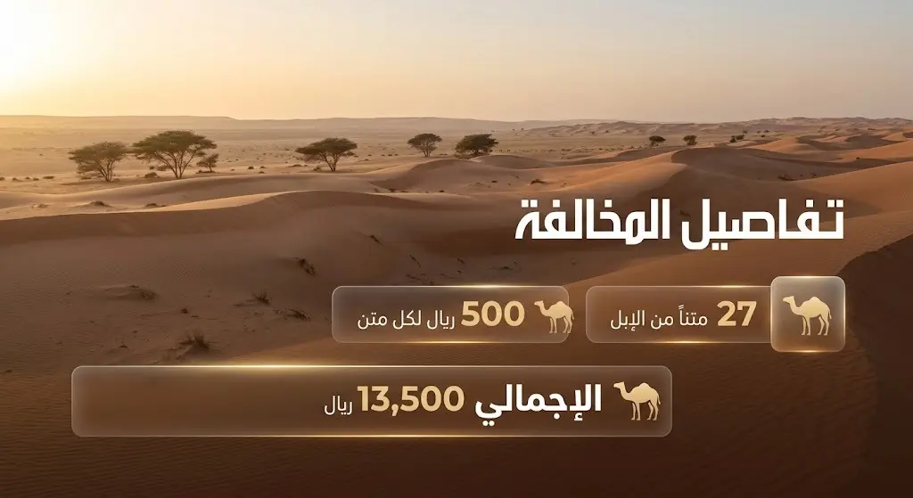 إنفوجرافيك يوضح تفاصيل واقعة الرعي المخالف في المحمية الملكية، يتضمن عدد الإبل المضبوطة 27 متناً وقيمة الغرامة 500 ريال لكل متن بإجمالي 13,500 ريال.