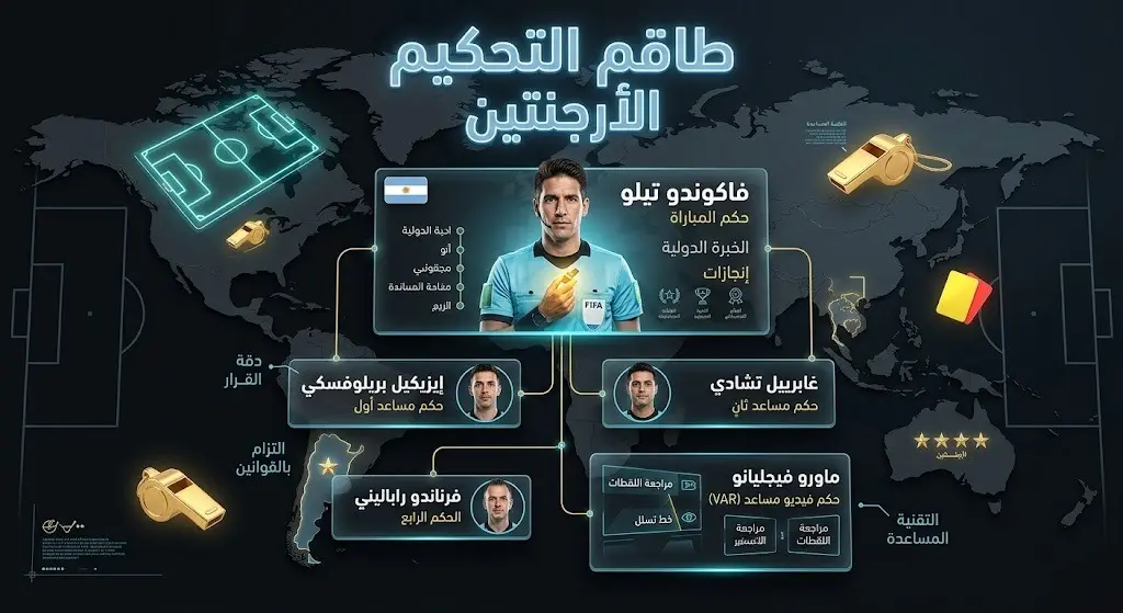 إنفوجرافيك رياضي يستعرض تفاصيل وأسماء طاقم التحكيم الأرجنتيني بقيادة فاكوندو تيلو لمباراة المغرب وفرنسا.
