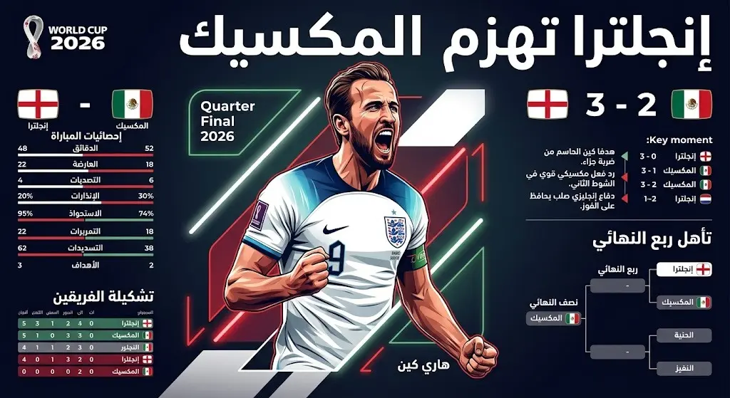 صورة تصميمية رياضية تبرز فوز إنجلترا على المكسيك بنتيجة 3-2 واحتفال هاري كين بالتأهل لربع النهائي.