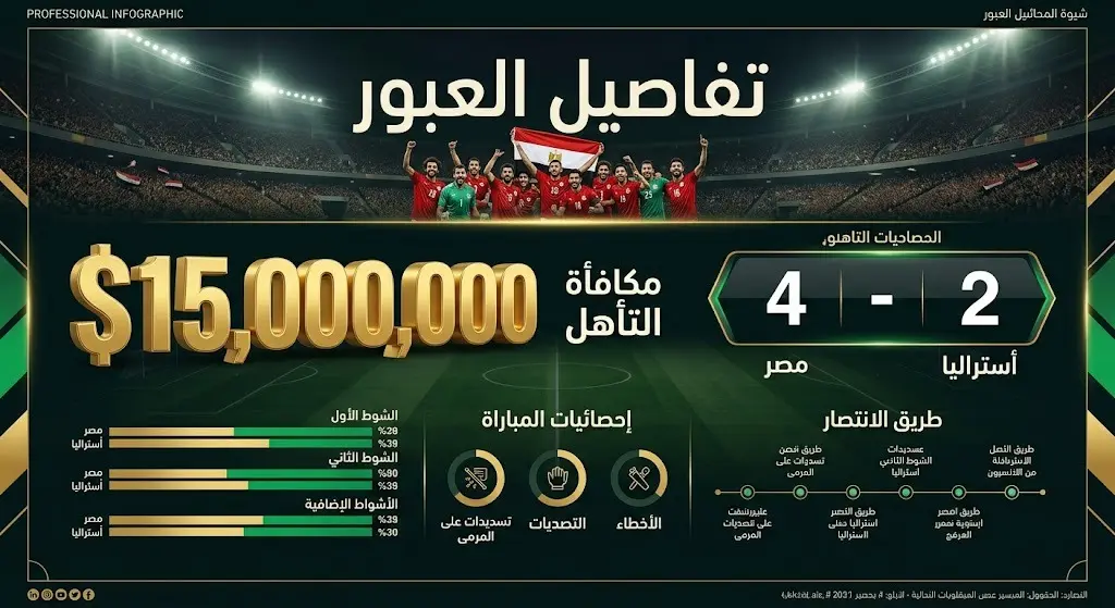 إنفوجرافيك يستعرض تفاصيل فوز مصر على أستراليا بركلات الترجيح وقيمة المكافأة المالية 15 مليون دولار.