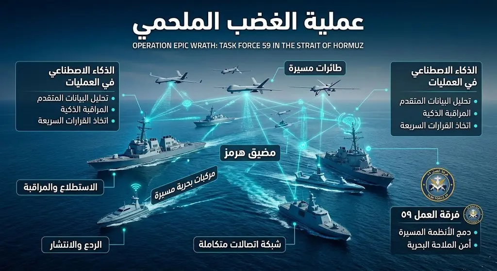 تصميم إنفوجرافيك عالي التقنية يدمج بين المشاهد الواقعية والبيانات ليوضح استخدام الذكاء الاصطناعي والطائرات المسيرة في عملية الغضب الملحمي بمضيق هرمز.