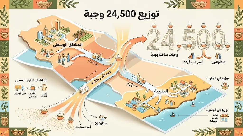 إنفوجرافيك يوضح توزيع 24,500 وجبة غذائية ساخنة على النازحين في المناطق الوسطى والجنوبية من قطاع غزة.