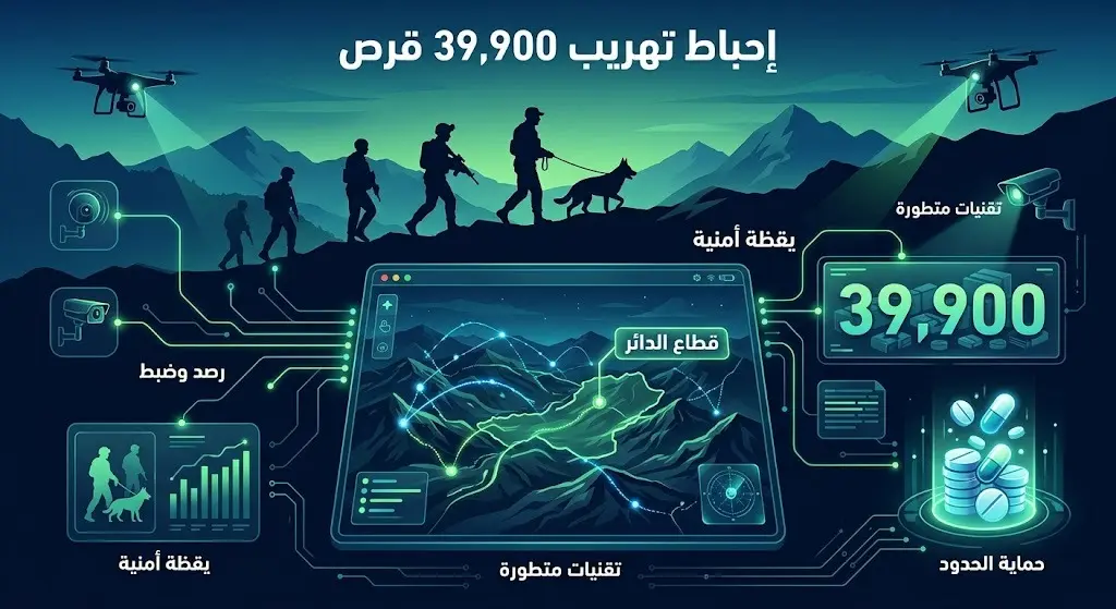 تصميم إنفوجرافيك أمني يستعرض تفاصيل إحباط تهريب 39,900 قرص طبي خاضع للتنظيم في قطاع الدائر بجازان، مع إبراز جهود حرس الحدود.