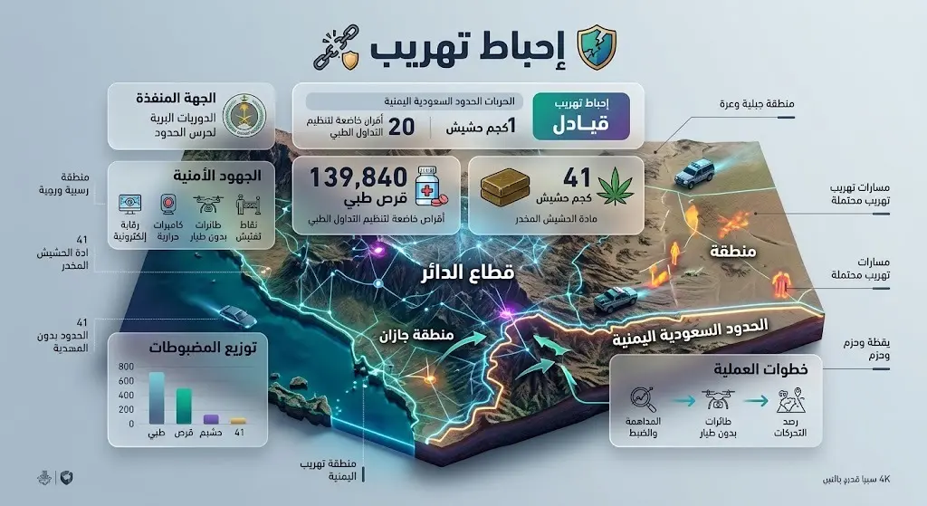 إنفوجرافيك يستعرض تفاصيل كميات المضبوطات في قطاع الدائر بجازان، متضمناً أرقام الأقراص الطبية الخاضعة للتنظيم ومادة الحشيش المخدر.