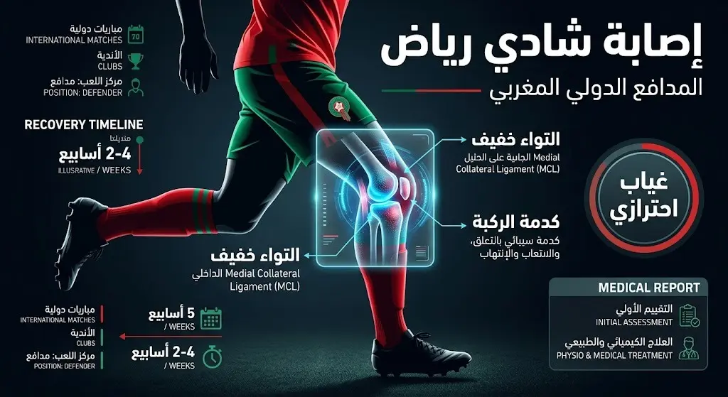 إنفوجرافيك طبي يوضح تفاصيل الإصابة التي تعرض لها شادي رياض في الركبة وغيابه الاحترازي عن مباراة كندا