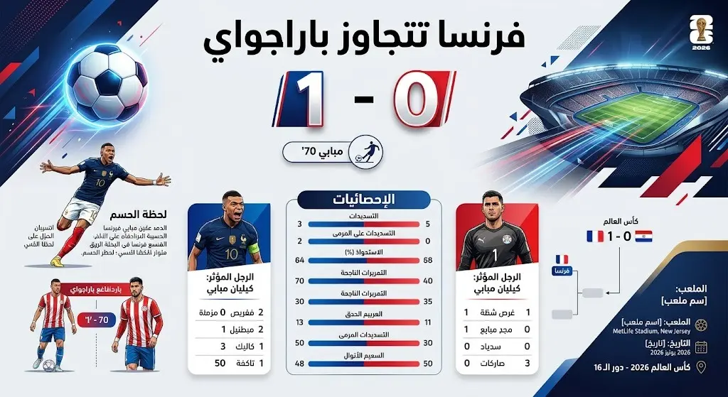 إنفوجرافيك رياضي يوضح نتيجة وتفاصيل فوز فرنسا على باراجواي بهدف نظيف سجله كيليان مبابي من ركلة جزاء