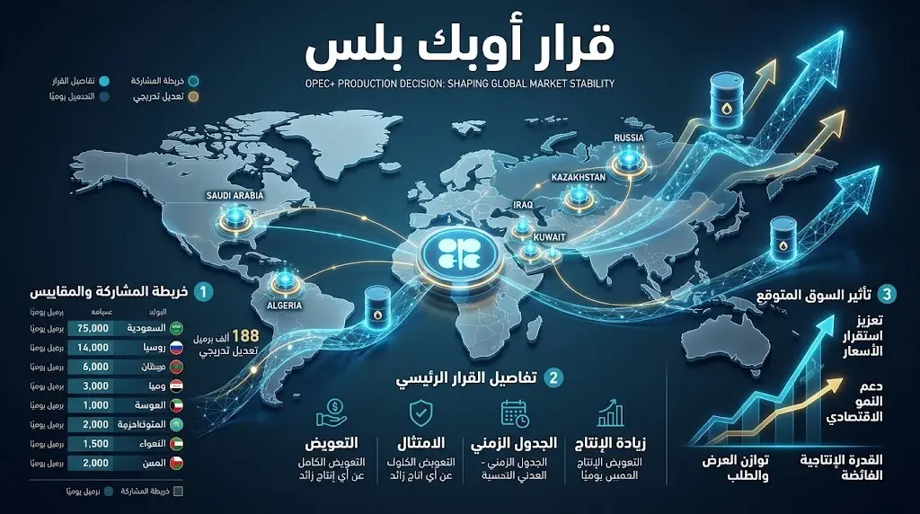 إنفوجرافيك يوضح تفاصيل قرار أوبك بلس والدول السبع المشاركة وحجم تعديل الإنتاج.