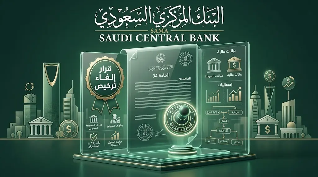إنفوجرافيك احترافي يوضح التفاصيل النظامية لقرار البنك المركزي السعودي بإلغاء ترخيص مؤسسة صرافة
