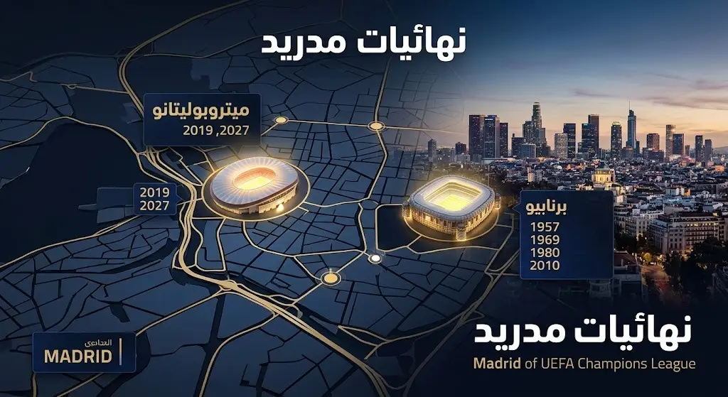 إنفوجرافيك يستعرض تاريخ استضافة العاصمة الإسبانية مدريد لنهائيات دوري أبطال أوروبا عبر ملعبي ميتروبوليتانو وسانتياغو برنابيو.