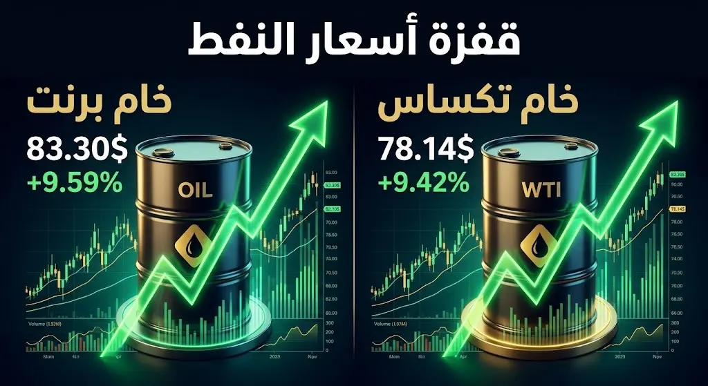 إنفوجرافيك مالي يوضح تفاصيل الزيادة الكبيرة في أسعار خام برنت وخام غرب تكساس الوسيط، مع استعراض نسب الارتفاع والأسعار الجديدة.