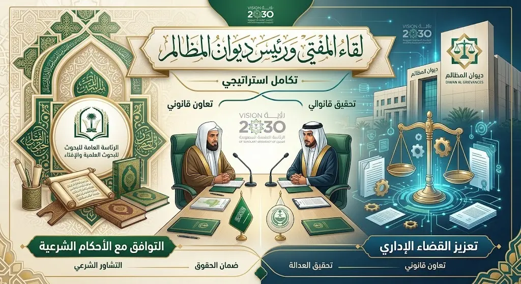 تصميم تعبيري يبرز التعاون المؤسسي والتكامل بين الإفتاء وديوان المظالم وتوافقه مع الأحكام الشرعية.
