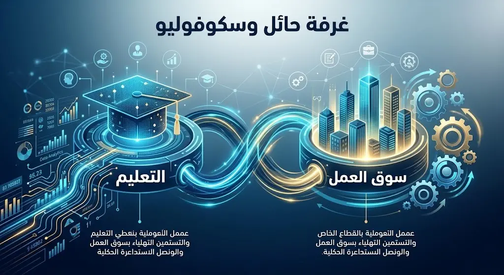 تصميم إنفوجرافيك يوضح التكامل بين قطاع التعليم وسوق العمل ضمن مباحثات غرفة حائل ونظام سكوفوليو.