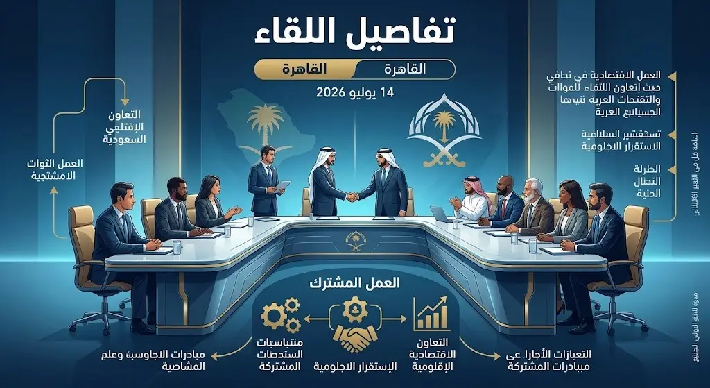 إنفوجرافيك احترافي يلخص تفاصيل اللقاء الدبلوماسي بين مندوب المملكة وأمين البرلمان العربي في القاهرة.
