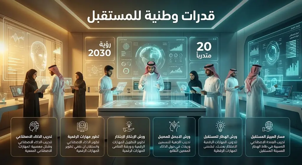 تصميم تعبيري حديث يدمج بين الهوية التقنية ورؤية 2030، يبرز تمكين 20 شاباً وشابة في مجالات التقنيات المتقدمة.