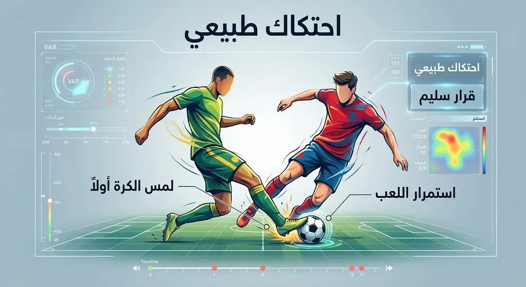 تصميم تحليلي يوضح اللقطة التحكيمية بين محمد صلاح وجوليان ألفاريز واعتبارها احتكاكاً طبيعياً.