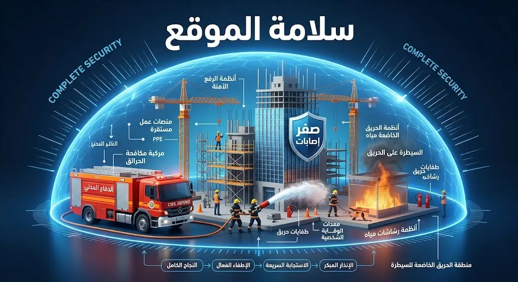 إنفوجرافيك ثلاثي الأبعاد يوضح نجاح فرق الدفاع المدني في السيطرة على حريق بموقع إنشائي في الدرعية وتأكيد سلامة الموقع.