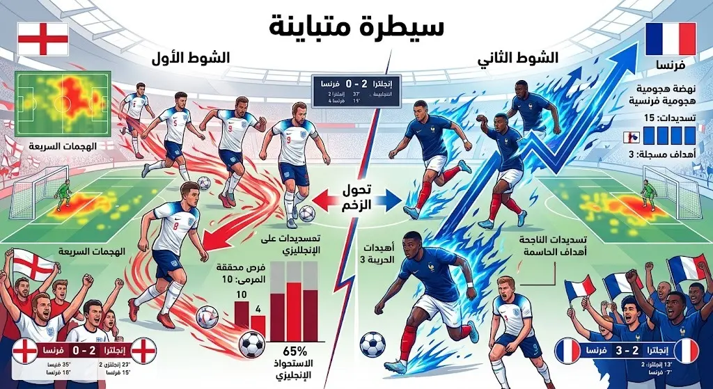 إنفوجرافيك يوضح تبادل السيطرة بين إنجلترا وفرنسا خلال شوطي المباراة، حيث تفوقت إنجلترا هجومياً في الشوط الأول وعادت فرنسا بقوة في الشوط الثاني.