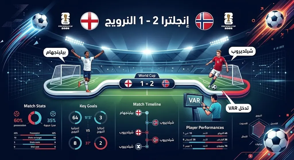 إنفوجرافيك يوضح نتيجة وتفاصيل مباراة إنجلترا ضد النرويج في ربع نهائي كأس العالم 2026