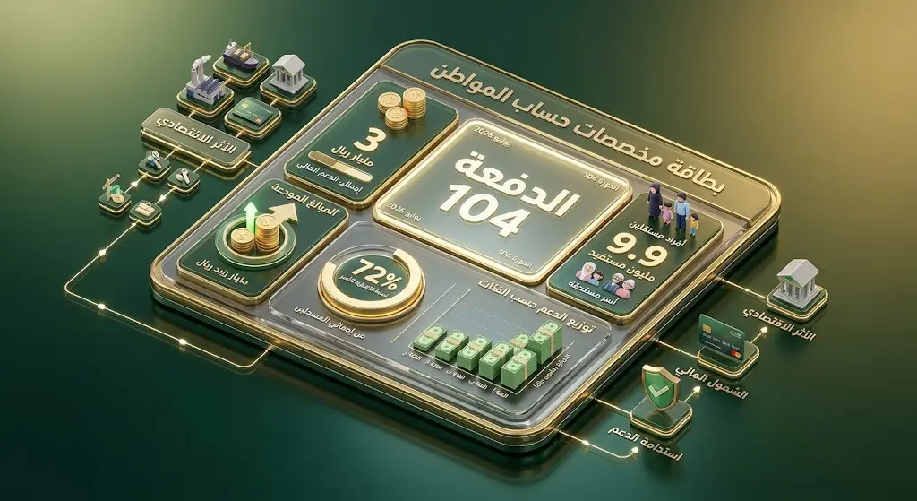 إنفوجرافيك ثلاثي الأبعاد يعرض بالأرقام تفاصيل مخصصات الدفعة 104 من حساب المواطن، موضحاً مبلغ 3 مليارات ريال و9.9 مليون مستفيد بتصميم عصري وألوان احترافية.