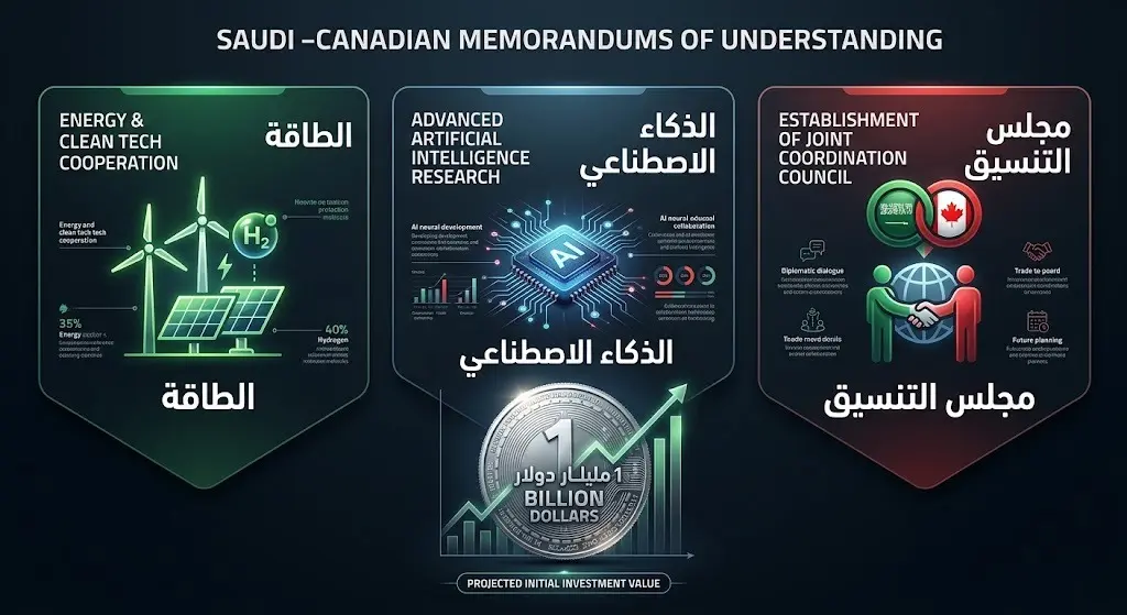 إنفوجرافيك احترافي يعرض تفاصيل مذكرات التفاهم السعودية الكندية في مجالات الطاقة، الذكاء الاصطناعي، ومجلس التنسيق المشترك، إلى جانب حجم الاستثمارات البالغ مليار دولار.