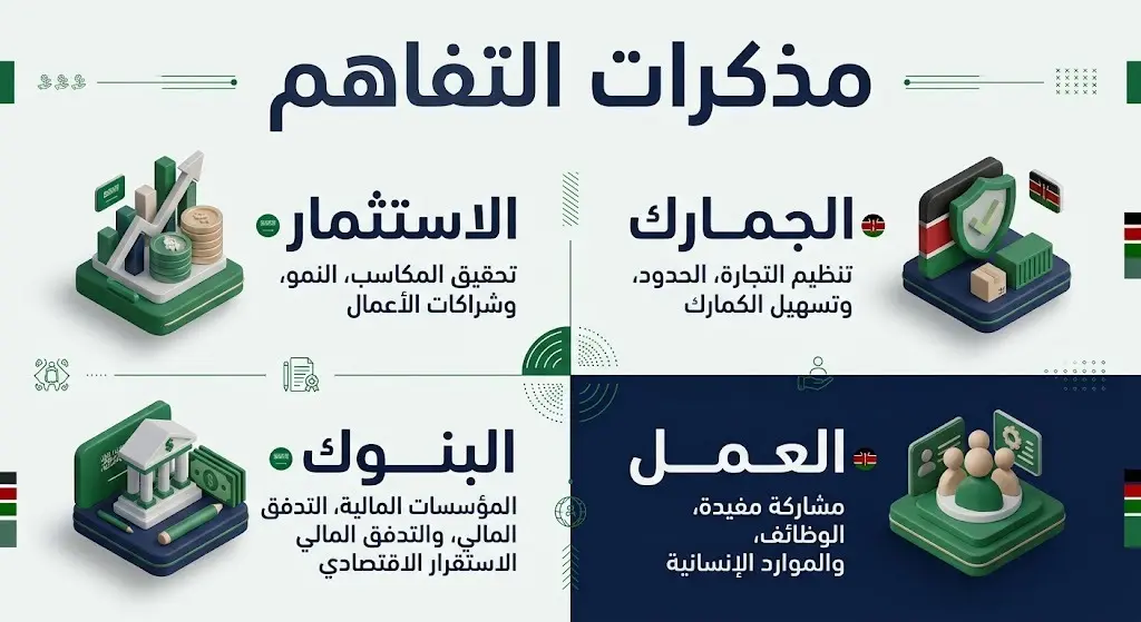 إنفوجرافيك احترافي يستعرض تفاصيل مذكرات التفاهم والاتفاقية العمالية الأربع الموقعة بين السعودية وكينيا.