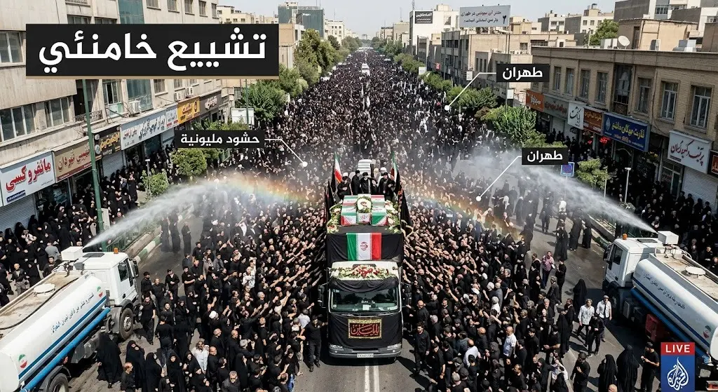 مشهد جوي يظهر حشوداً ضخمة في شوارع طهران تحيط بشاحنة تحمل نعوشاً خلال مراسم تشييع آية الله علي خامنئي، مع رش المياه لتلطيف الأجواء.
