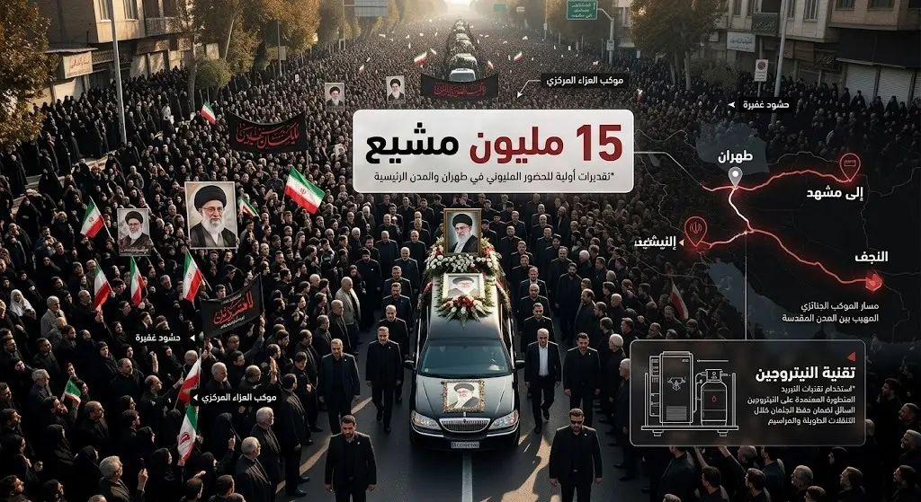تصميم إنفوجرافيك احترافي يوضح ضخامة مراسم التشييع في النجف ومشهد والتقنيات المستخدمة لحفظ الجثمان.