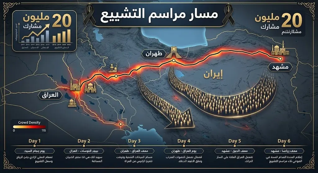إنفوجرافيك تفصيلي يوضح مسار مراسم التشييع الممتد لستة أيام بدءاً من طهران مروراً بالعراق وصولاً إلى مشهد، مع تسليط الضوء على توقعات بمشاركة 20 مليون شخص.