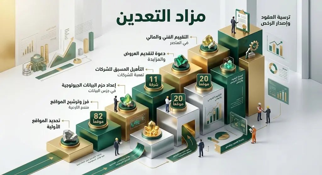 إنفوجرافيك يوضح إحصائيات مسار مزاد الرخص التعدينية في السعودية، ويتدرج من 82 موقعاً مطروحاً إلى 20 موقعاً في المزاد، ووصولاً إلى 11 شركة متنافسة.