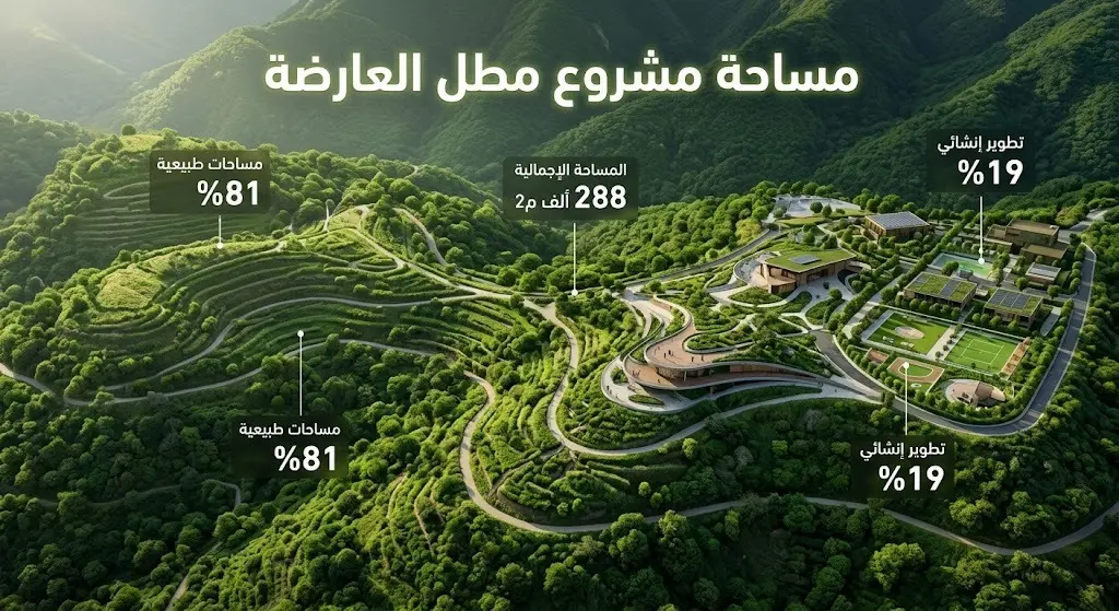 إنفوجرافيك ثلاثي الأبعاد يوضح تفاصيل مساحة مشروع مطل العارضة وتوزيع المساحات الطبيعية والإنشائية.