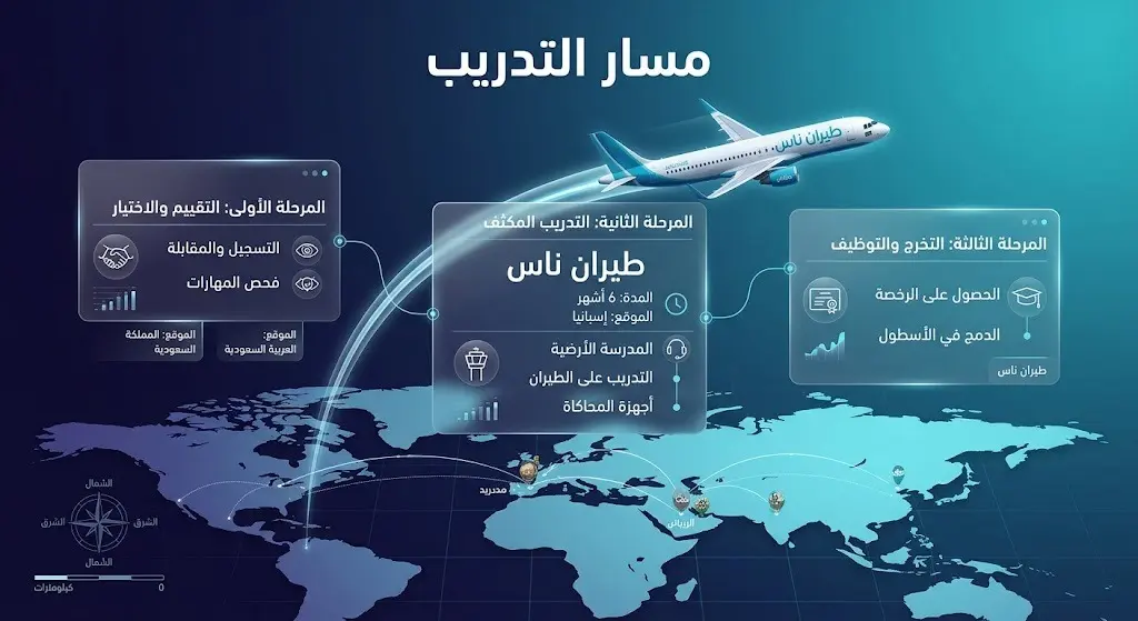 خريطة بصرية توضح مسار البرنامج التدريبي من المملكة العربية السعودية إلى إسبانيا لمدة 6 أشهر