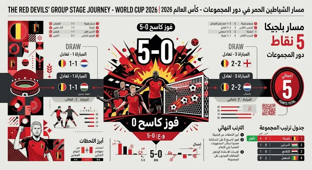 إنفوجرافيك رياضي يستعرض مسار ونتائج المنتخب البلجيكي في دور المجموعات لكأس العالم 2026