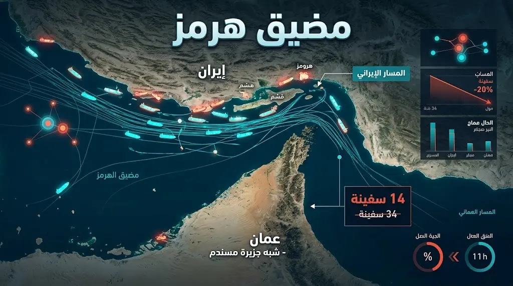 إنفوجرافيك يوضح مسارات السفن في مضيق هرمز وتراجع أعدادها بشكل حاد
