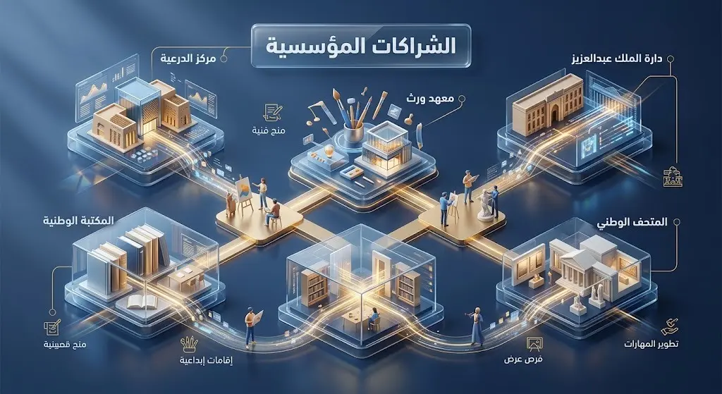 إنفوجرافيك حديث يوضح الشراكات المؤسسية الداعمة لبرنامج الإقامة الفنية ويتضمن أسماء الجهات الثقافية المشاركة.