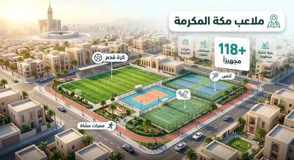 إنفوجرافيك ثلاثي الأبعاد يوضح تنوع المرافق الرياضية في مكة المكرمة، يشمل ملاعب كرة القدم والطائرة والتنس وممرات المشاة مع إبراز رقم 118 ملعباً.