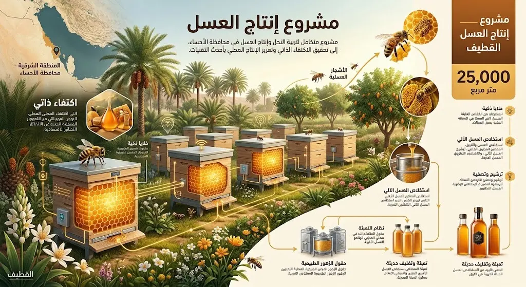 إنفوجرافيك يستعرض مشروع تربية النحل وإنتاج العسل في محافظة القطيف على مساحة 25 ألف متر مربع.