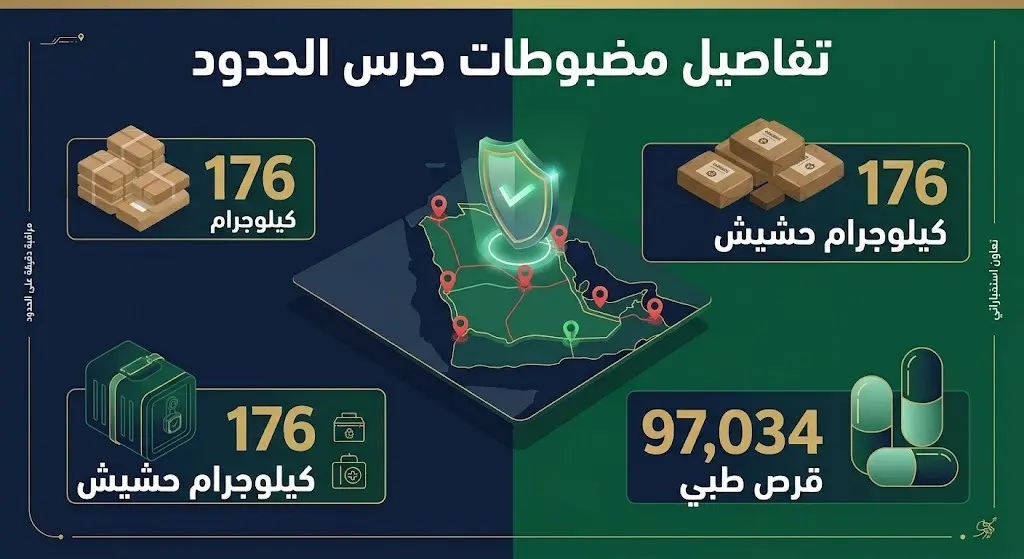 إنفوجرافيك يوضح كميات المضبوطات الأمنية لحرس الحدود في جازان، وتشمل 176 كيلوجراماً من الحشيش وأكثر من 97 ألف قرص طبي.