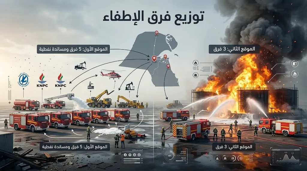 إنفوجرافيك بصري يوضح توزيع فرق الإطفاء الكويتية المكونة من 8 فرق مسنودة بفرق القطاع النفطي للسيطرة على حريقي الموقعين المستهدفين.