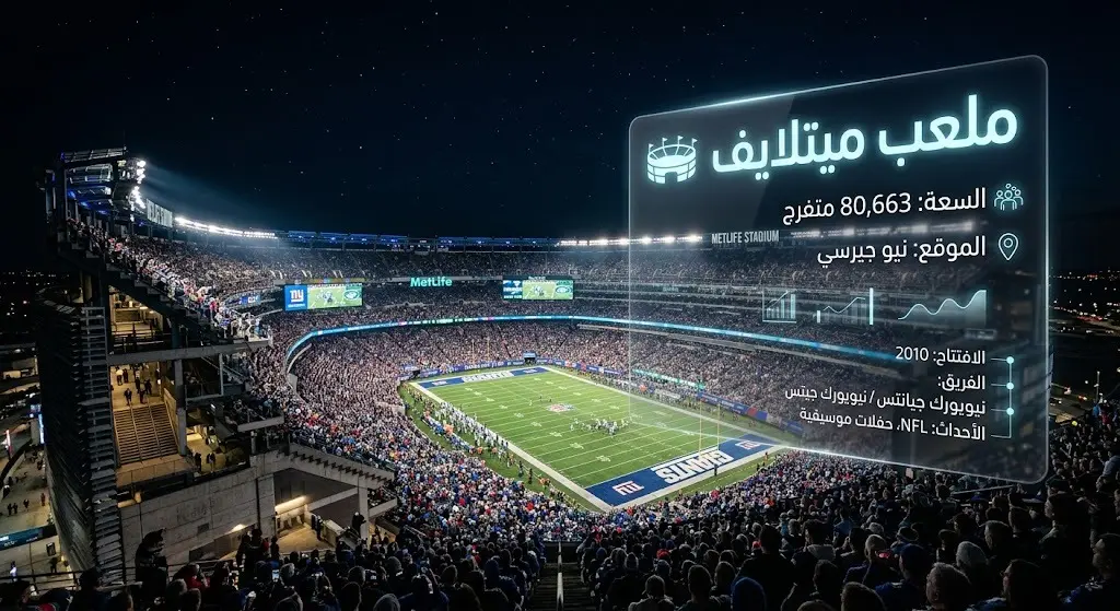 تصميم بصري لملعب ميتلايف في نيو جيرسي المضاء ليلاً، يتضمن معلومات عن موقعه وسعته الجماهيرية التي تتخطى 80 ألف متفرج.