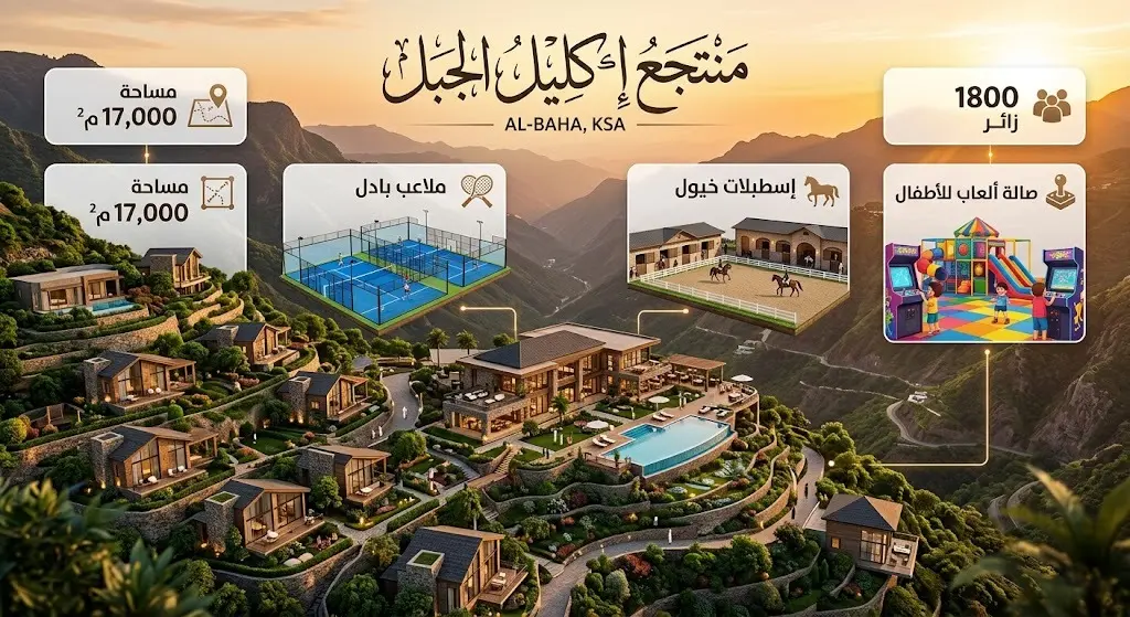 تصميم إنفوجرافيك يستعرض مساحة ومرافق منتجع إكليل الجبل في الباحة، متضمناً إسطبلات الخيول وملاعب البادل.