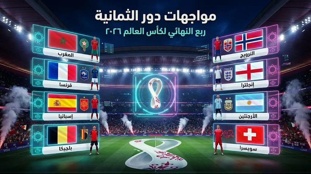 تصميم رياضي درامي يبرز المنتخبات الثمانية المتأهلة لربع نهائي كأس العالم 2026 والمواجهات الحاسمة بينها.