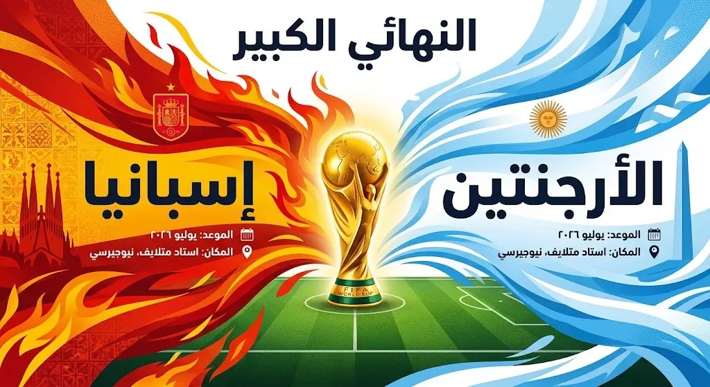 تصميم فني يجسد المواجهة المرتقبة بين منتخبي إسبانيا والأرجنتين في نهائي كأس العالم 2026 مع كأس البطولة في المنتصف.