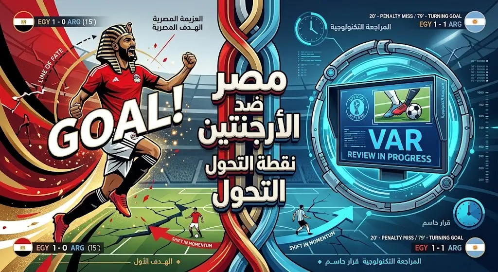تصميم درامي يبرز مواجهة مصر والأرجنتين ولحظة تدخل تقنية الفيديو لإلغاء الهدف.