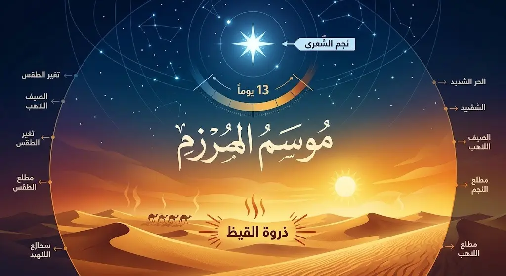 إنفوجرافيك فلكي يوضح تفاصيل موسم المرزم وارتباطه بنجم الشعرى واستمراره لمدة 13 يوماً خلال ذروة الصيف.